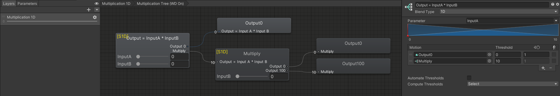 An example of multiplying two values by animating the value through two 1D Blend Trees. Note that both inputs here go up to 10, and the last animation, Output 100, animates those two values multiplied together.