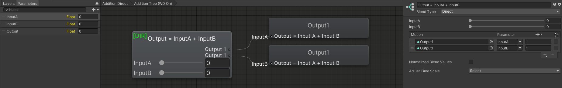 An example of adding two values by animating the Output AAP in two animation children in a Direct Blend Tree.