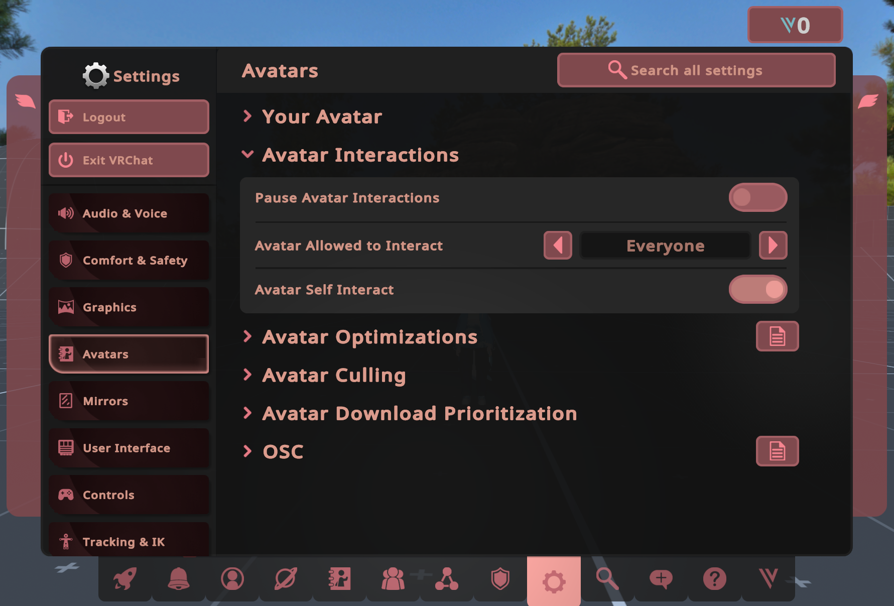 The Settings page for Avatar Interactions. Note how Avatar Allowed to Interact is set to Everyone, showing that everyone can interact with your avatar.