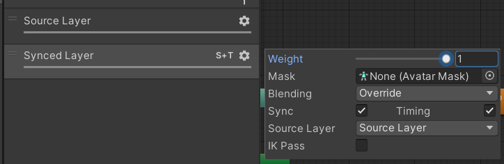 What syncing two layers together looks like in the Inspector. Here, the Synced layer has the exact same State Machine as the Source Layer, except for the animations in those states.