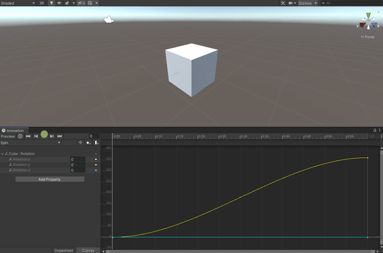 Cube spinning 360 degrees with animation curve set to Clamped Auto