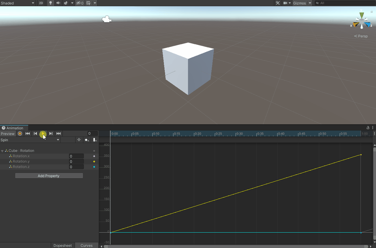 Cube spinning 360 degrees with animation curve set to Linear