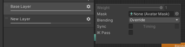 An animator layer and its config. Note that the topmost layer cannot have its weight changed. It will always be set to 1.