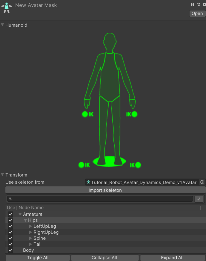 The Avatar Mask Inspector. This area can be used to enable and disable certain Humanoid Muscles and Transforms for being animated.