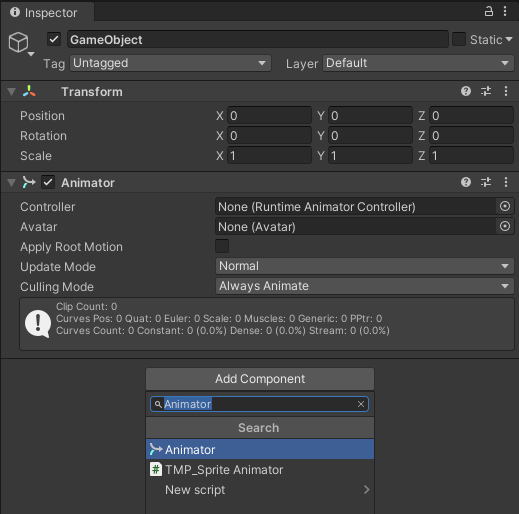 The Animator component can be added to any GameObject via the Add Component button in the Inspector.