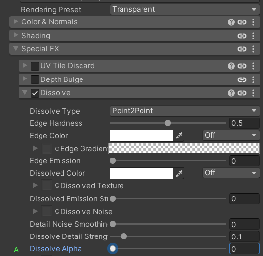 The Material settings for a simple Dissolve Toggle