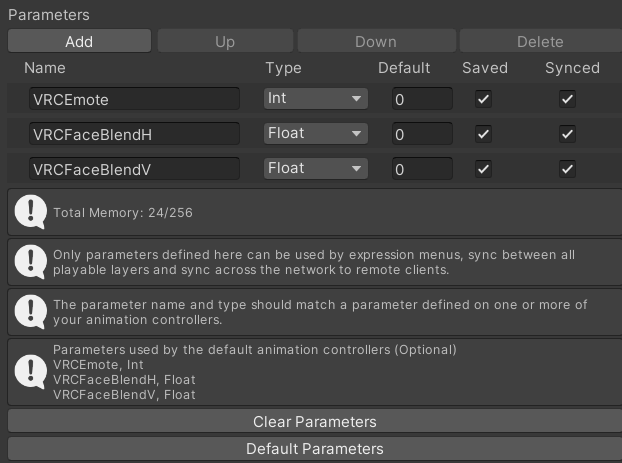 The Default VRC Expression Parameters. These are only needed if you’re using the default Action controller (for VRCEmote) or the default FX controller (for the other two).