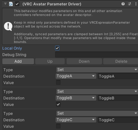 An example VRC Avatar Parameter Driver for a Multi Toggle on the Object On state of Toggle B