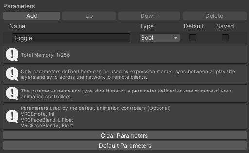 A parameter labeled Toggle added to VRChat Expression Parameters as a Bool