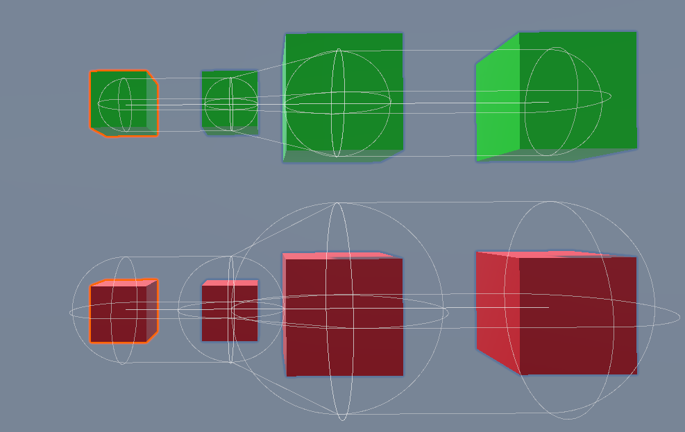 The collision boxes of phys bones with Collision Radius 0.5 (Green, Top) and Collision Radius 1 (Red, Bottom)