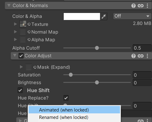 Where to find the Hue Shift option in the Poiyomi shader, and how to set it to Animate when locked (or Renamed when locked)