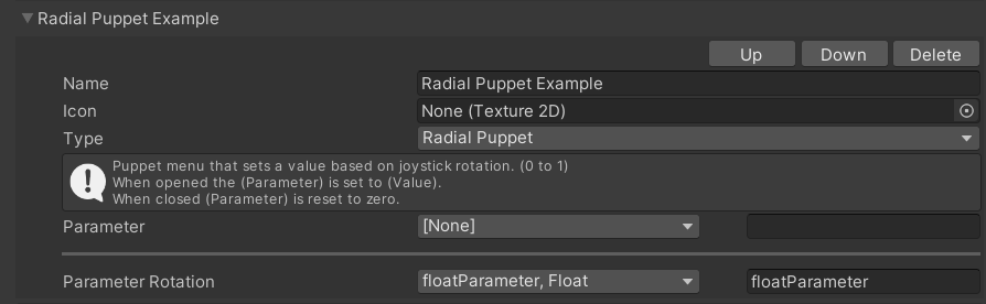 An example radial puppet changing the floatParameter parameter. Note that the Parameter field is empty, and the Parameter Rotation field has a value.
