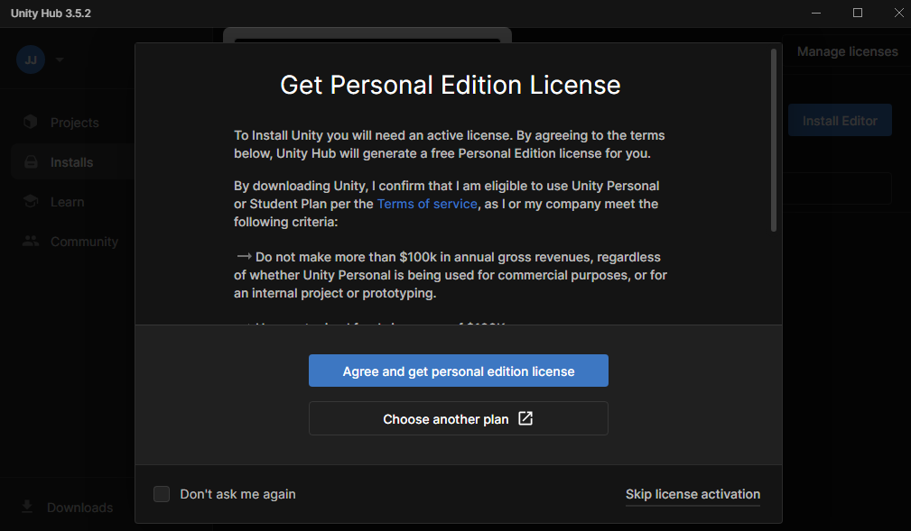 The Get Personal License screen. We do want to do this.