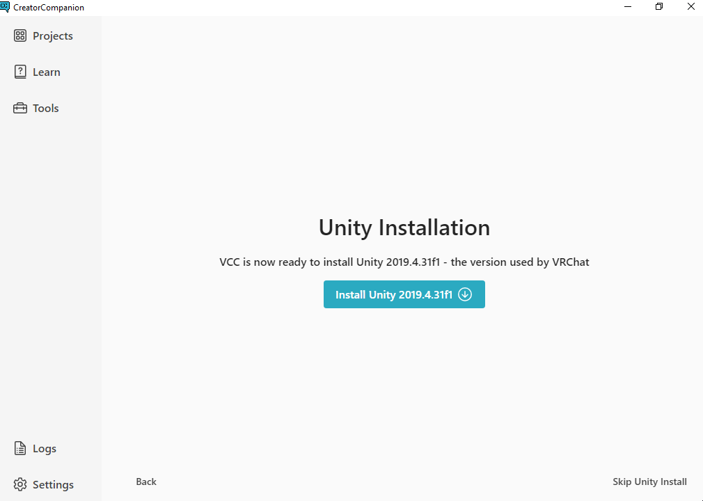The Install Unity Screen