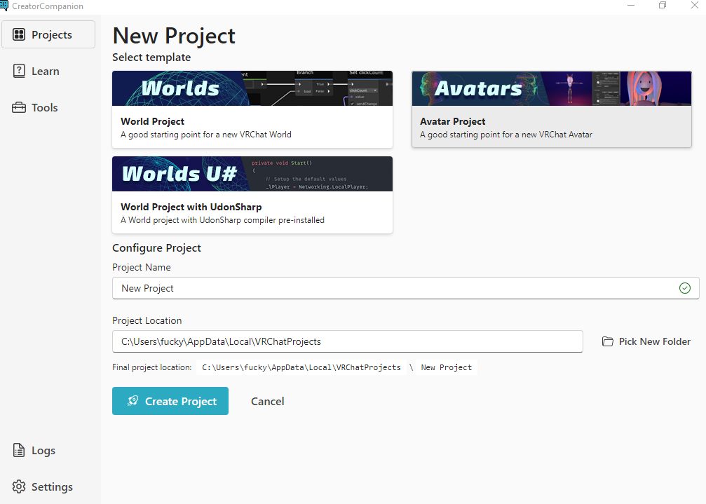 The Project Creation Screen