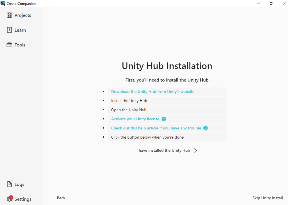 The Creator Companion Unity Hub Installation Screen
