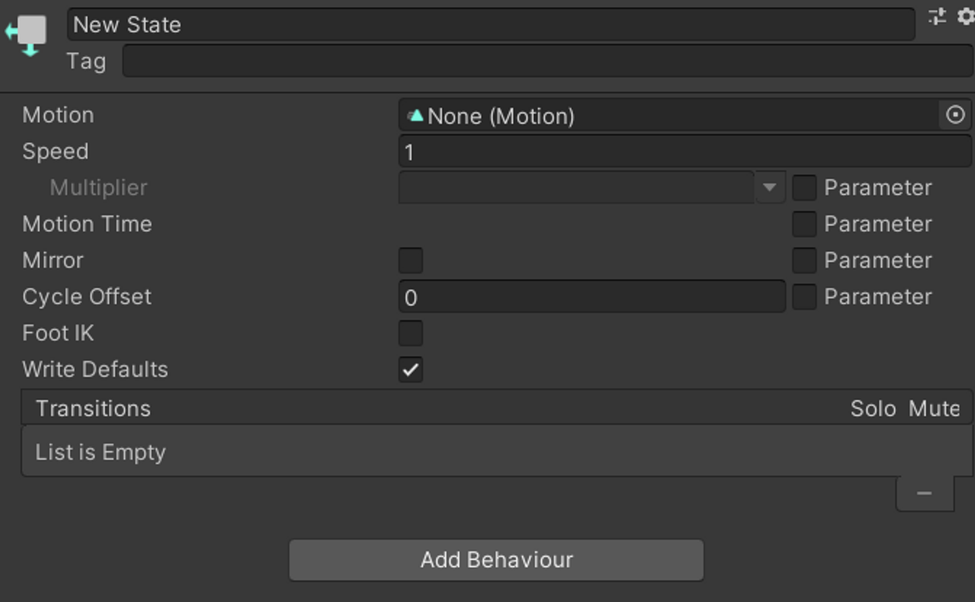 The default animator state, which defaults to Write Defaults on.